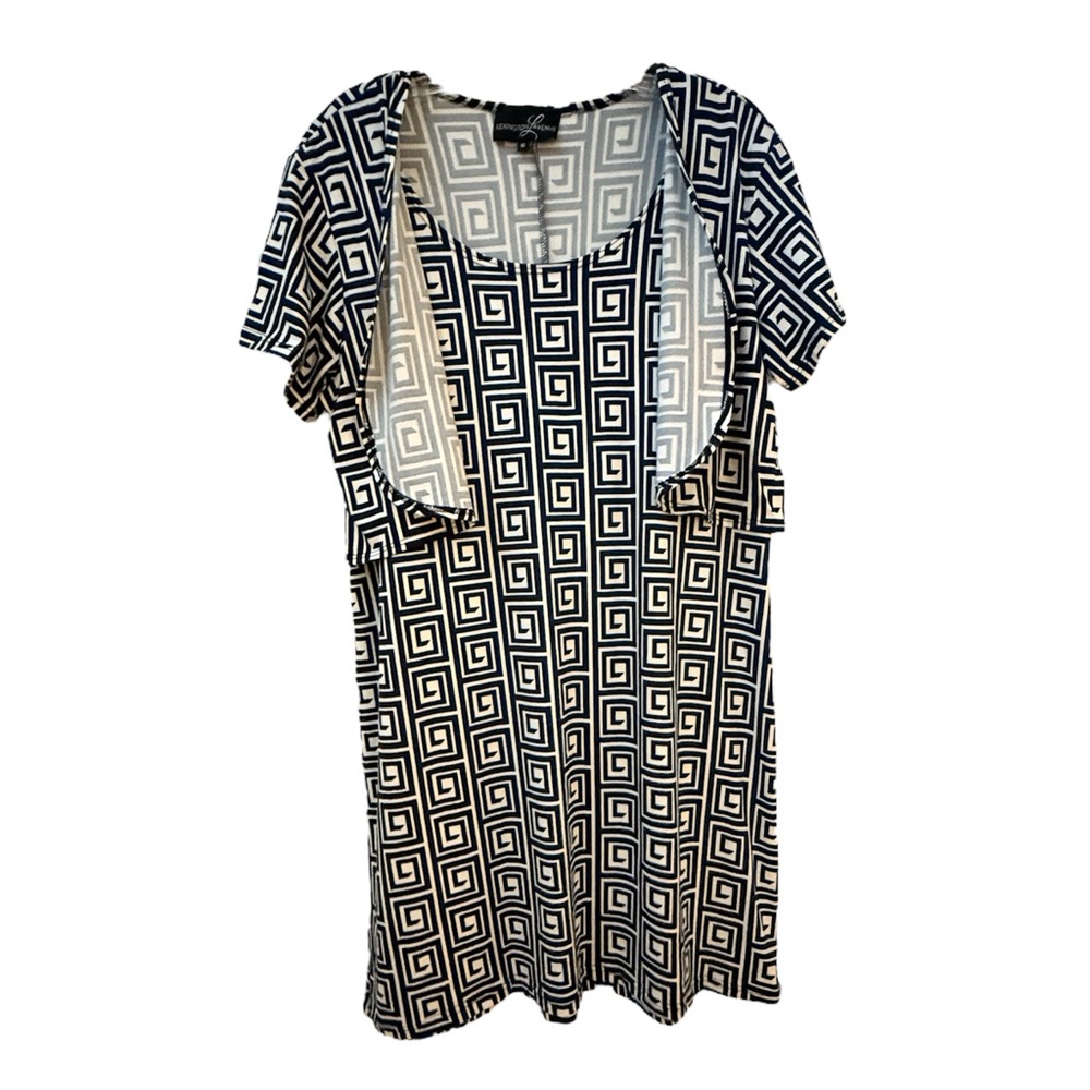 LEXINGTON AVENUE White and Blue Sheath Midi Dress with Flutter Sleeves - Picture 3 of 6